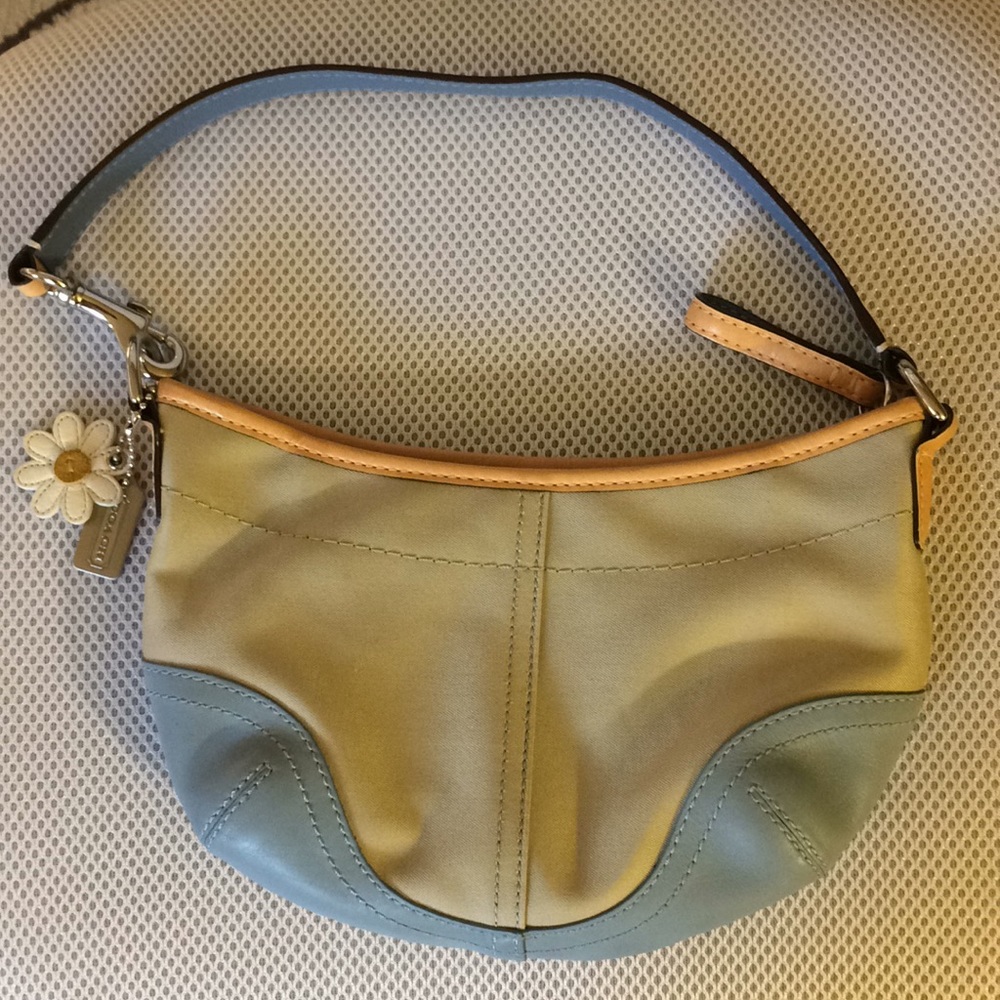 Coach Shoulder Bag Beige Canvas Blue Leather